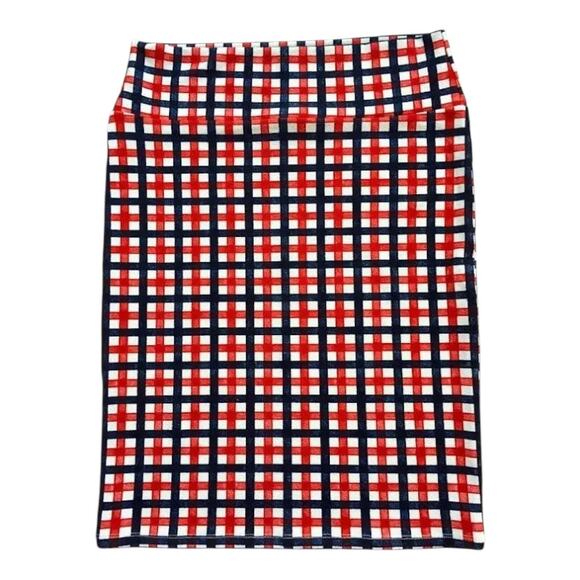 LuLaRoe womens small White NAVY Blue RED PLAID Check CASSIE Pencil Skirt - Picture 2 of 6